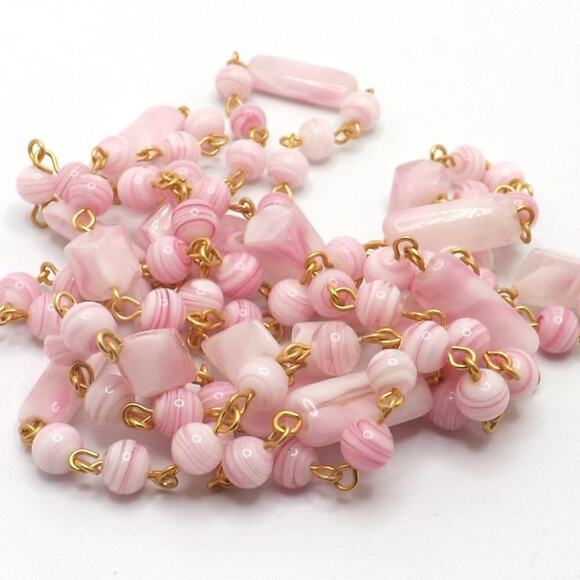 Pink Art Glass Beaded Necklace, Gold Tone Wire Wrap, Vintage, 23 Inch, No Clasp - Picture 10 of 11